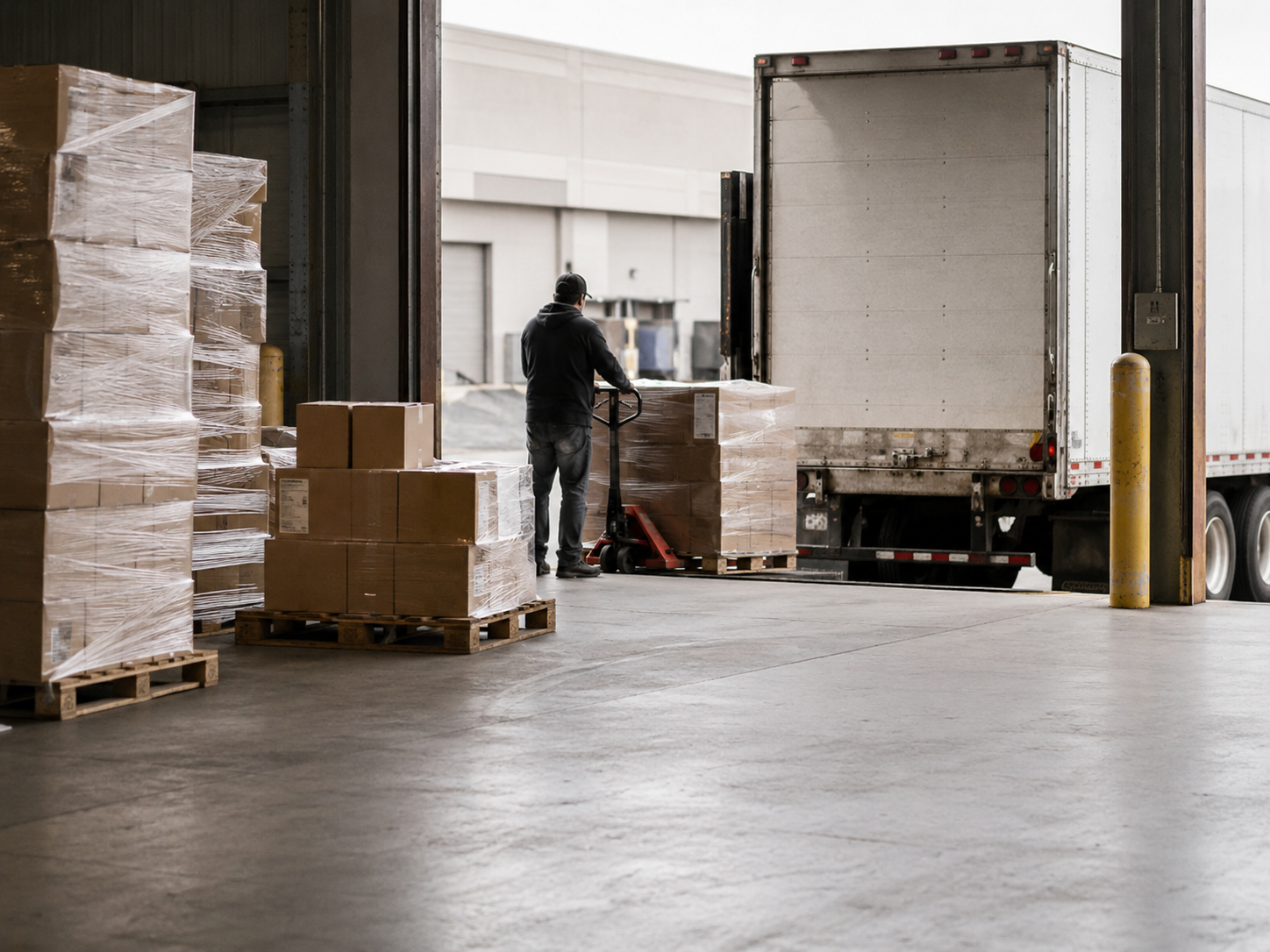 Parcels and palletized freight staged at a loading dock beside an unbranded trailer