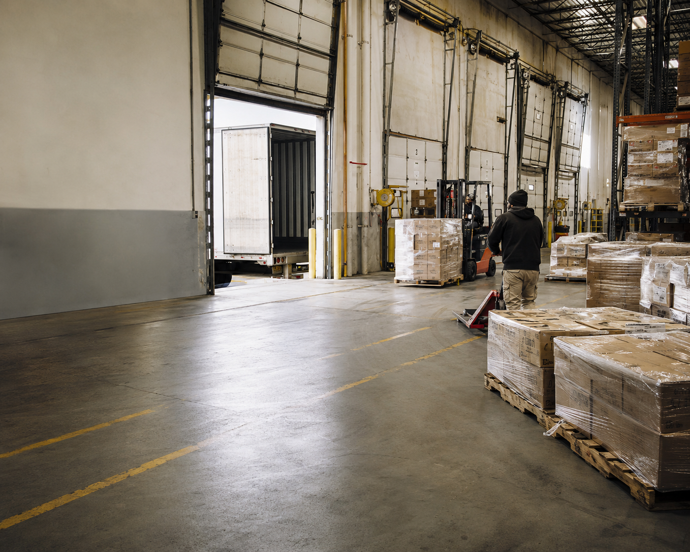 Palletized freight staged inside a distribution warehouse with a trailer at the open dock door