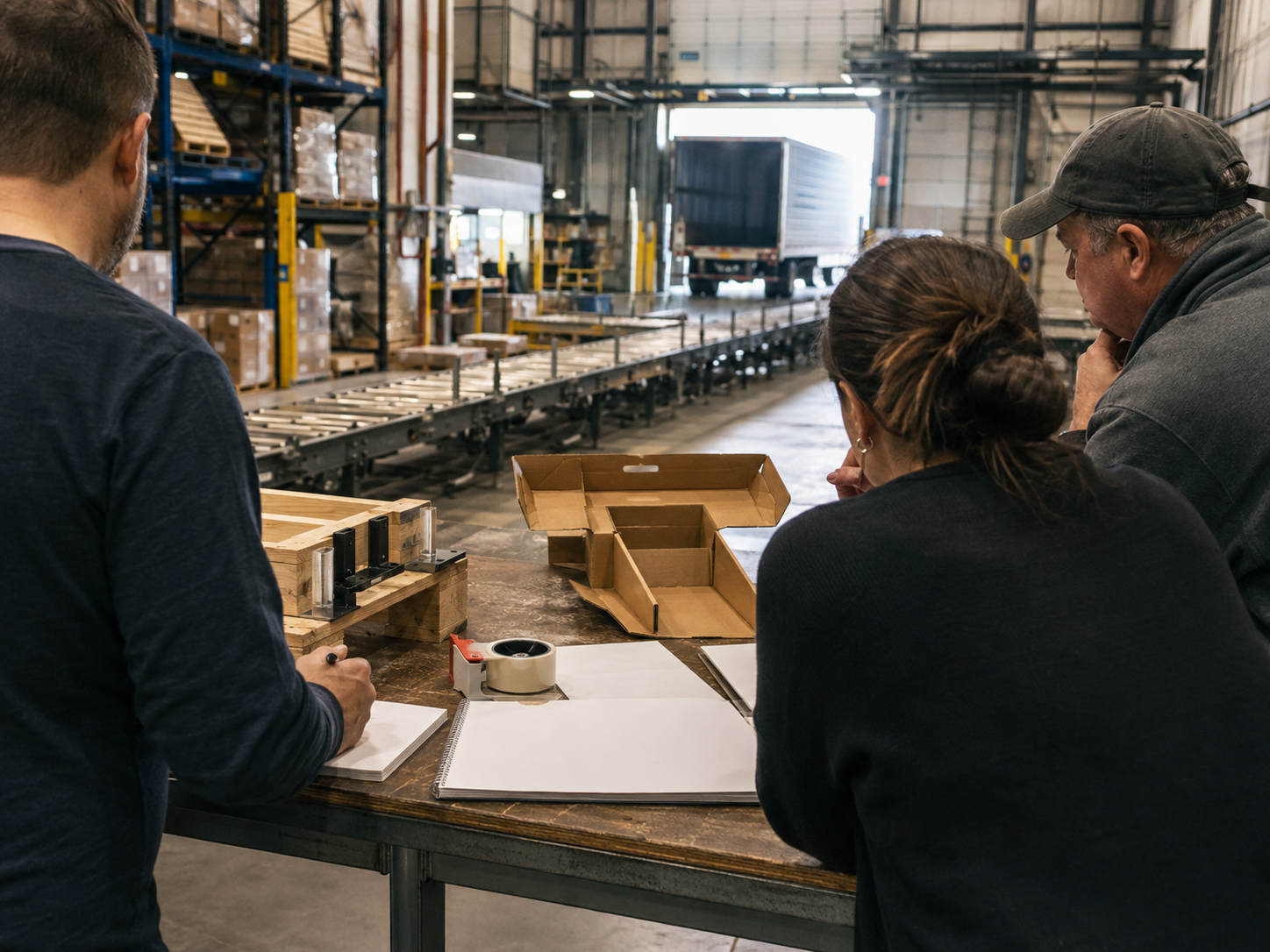 Founders and an experienced freight operator reviewing an early-stage concept inside a warehouse